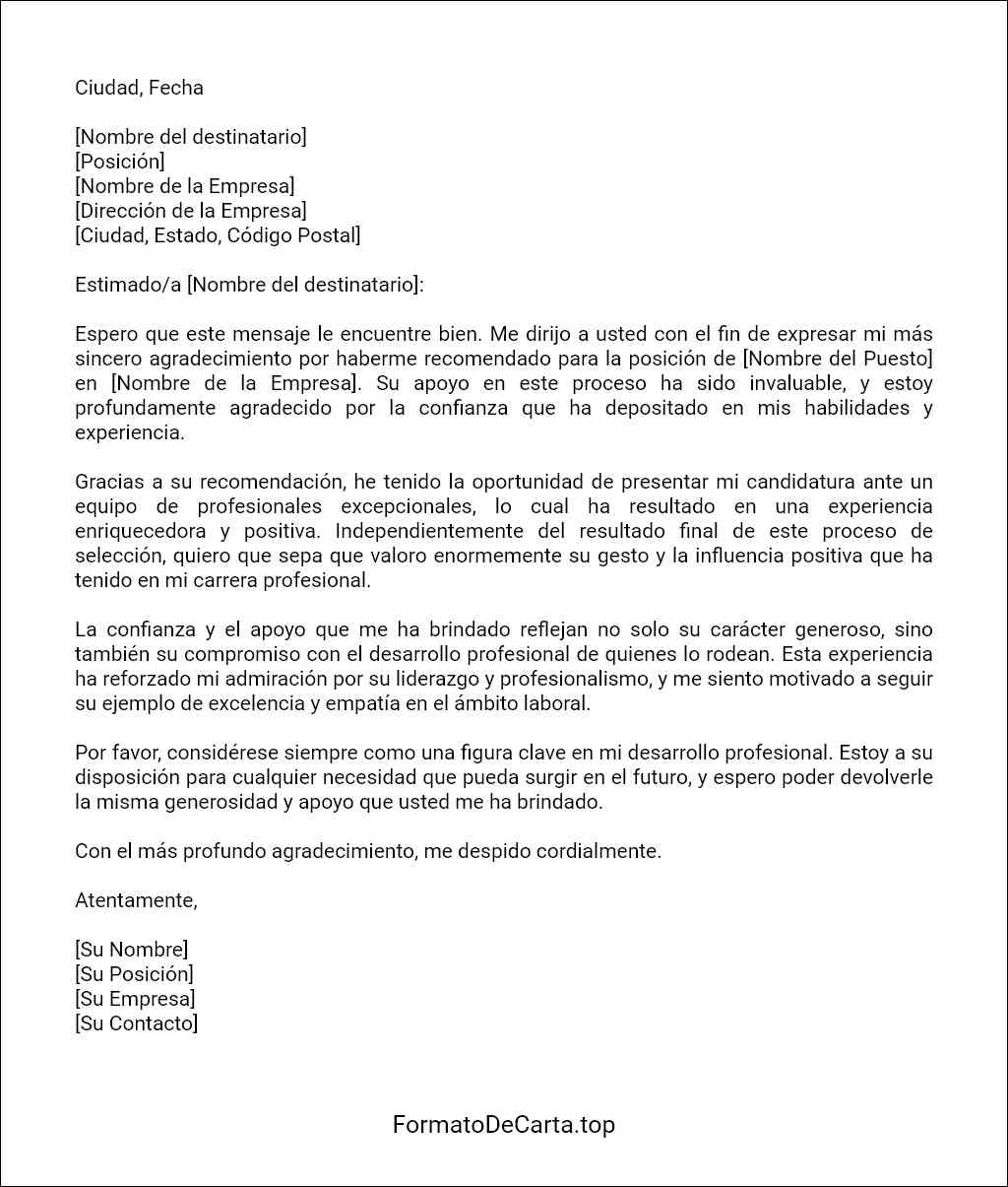 Carta de agradecimiento por una recomendación laboral plantilla