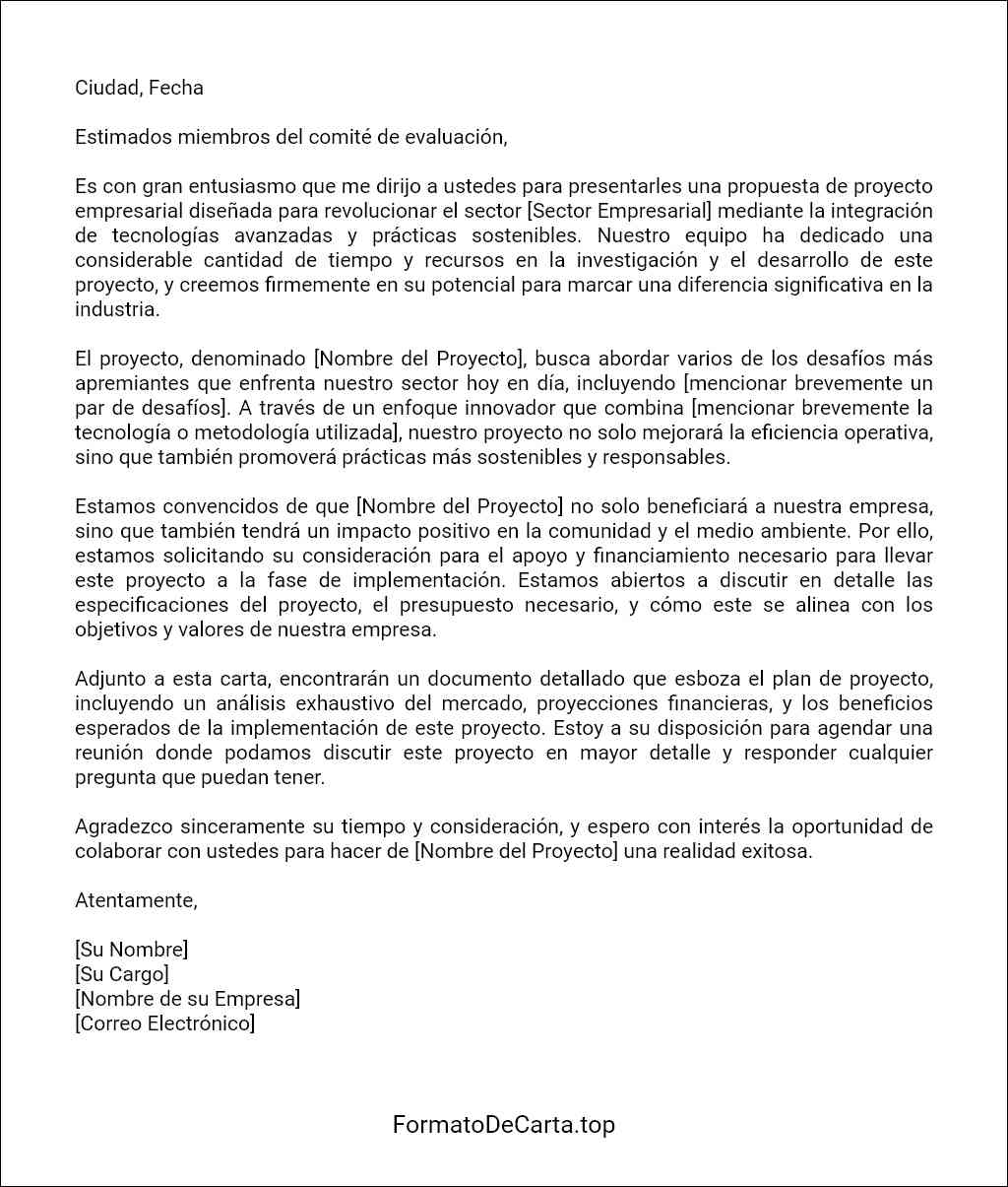 formato recomendado para una Carta de presentación de una propuesta de proyecto empresarial 