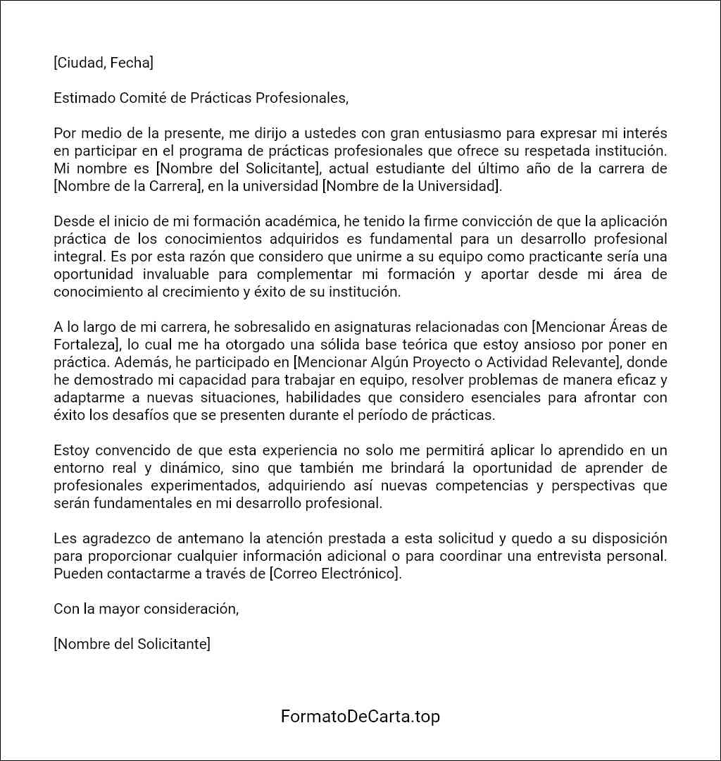 Carta de presentación de una solicitud de prácticas profesionales ejemplos