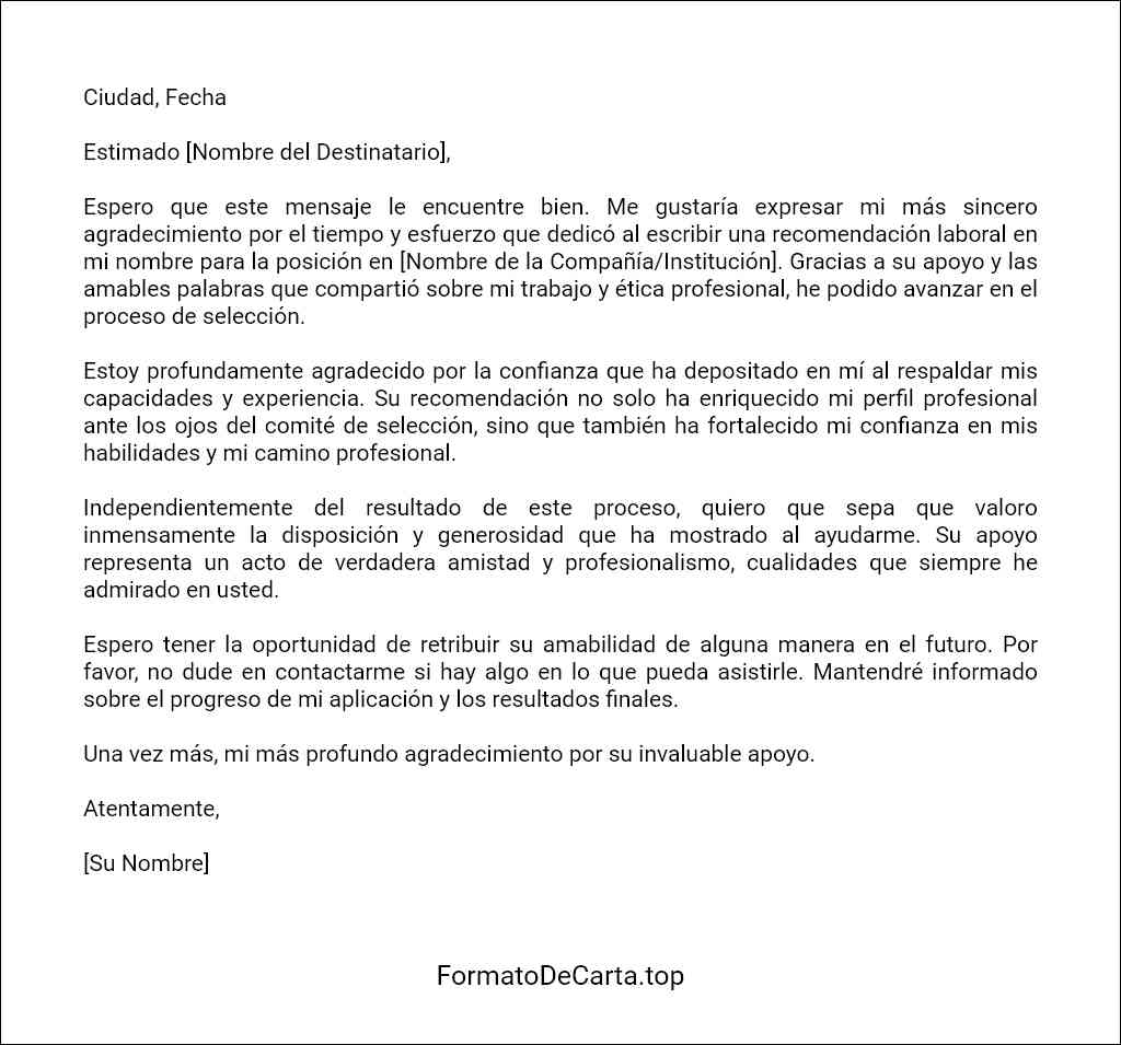 Carta de agradecimiento por una recomendación laboral formato