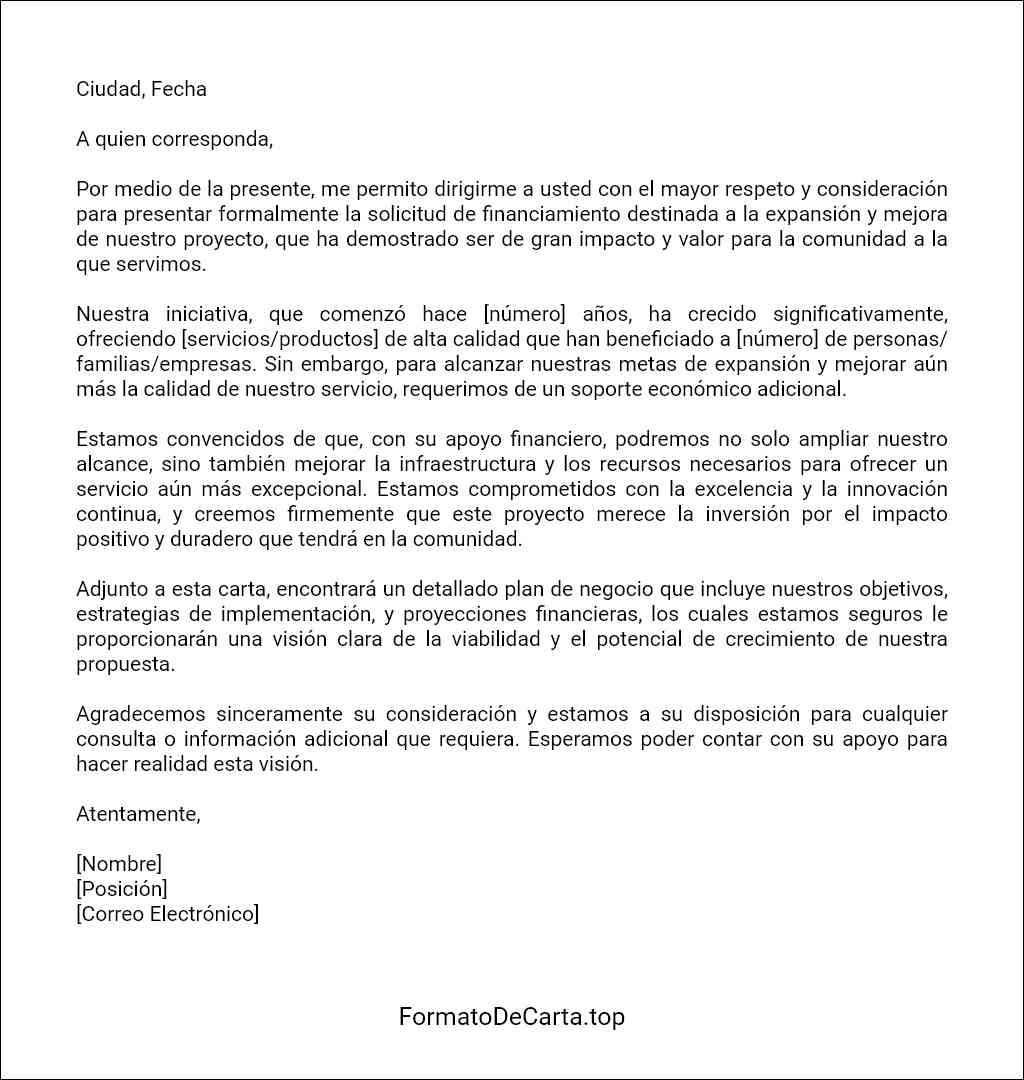 Carta de presentación de una solicitud de financiamiento formato