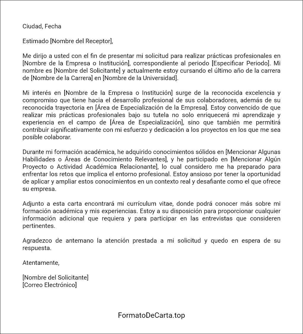 modelo de Carta de presentación de una solicitud de prácticas profesionales