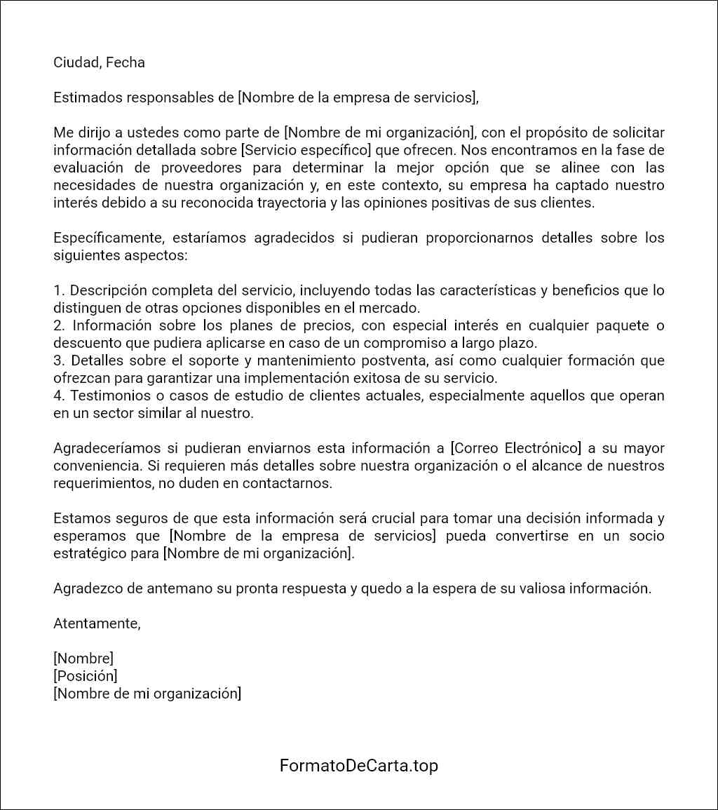 Carta de solicitud de información sobre un servicio modelo