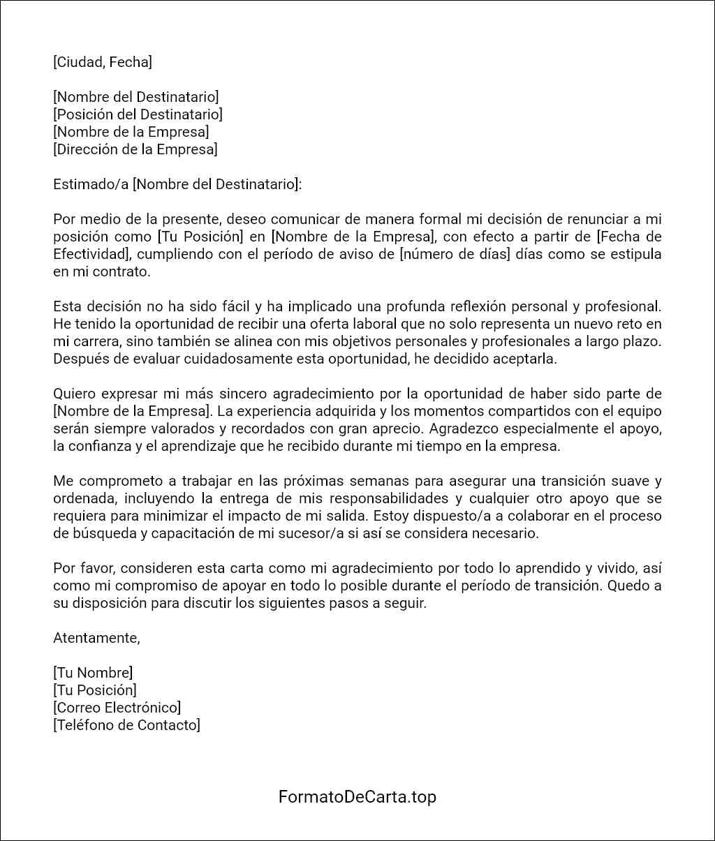 Carta de renuncia por mejor oferta laboral formato