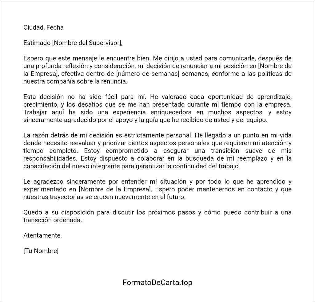 Carta de renuncia por motivos personales modelo