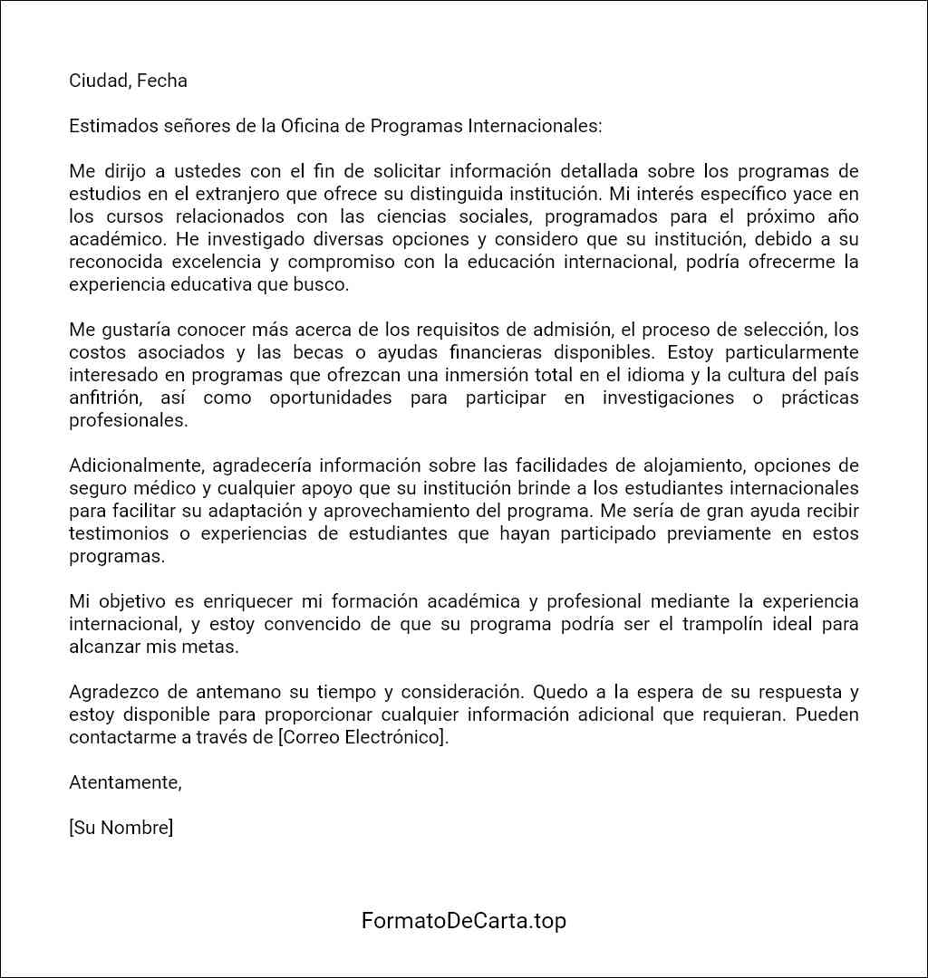 Carta de solicitud de información sobre un programa de estudios en el extranjero ejemplos