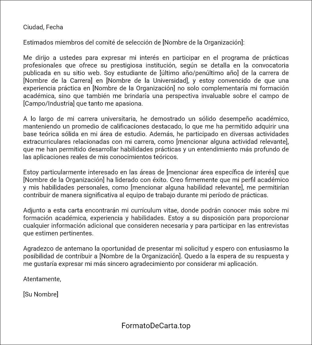 Carta de presentación de una solicitud de prácticas profesionales ejemplo