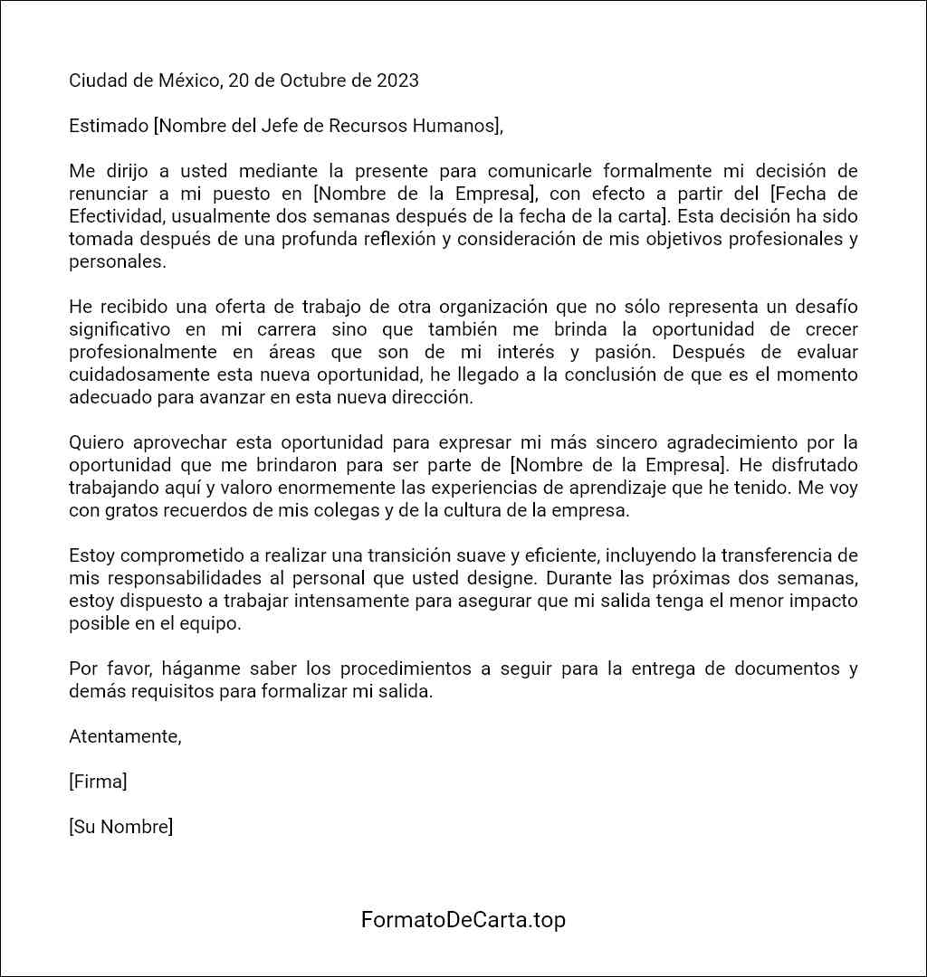 Carta de renuncia por mejor oferta laboral modelo