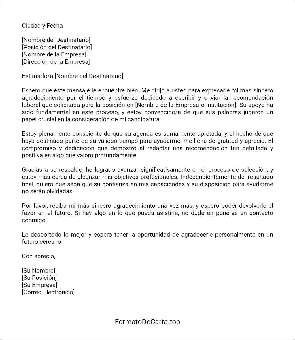 formato recomendado para una Carta de agradecimiento por una recomendación laboral 